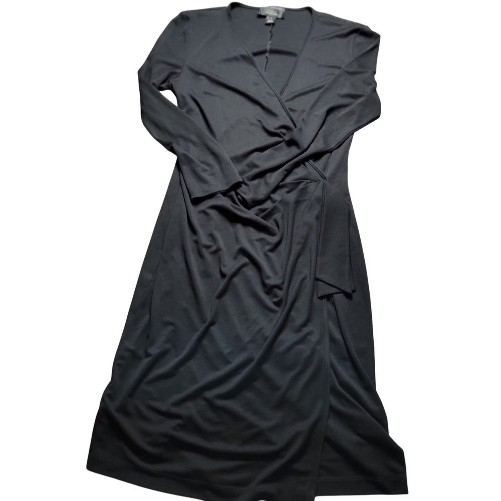 St. John Nordstrom Black Faux Wrap Dress Long Sleeve V-Neck Midi Size 8 Zipper